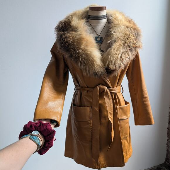 Vintage Mustard Leather Penny Lane Jacket Groovy Fur Trim 70s Trench Coat Medium - Picture 4 of 10
